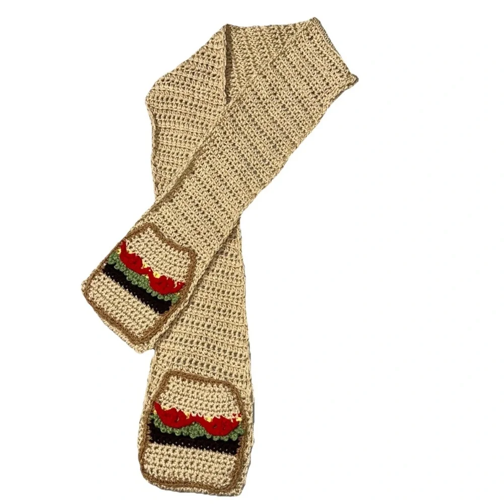Handmade Crochet Cheeseburger Scarf Burger Pockets Unique Funny Novelty Gift
